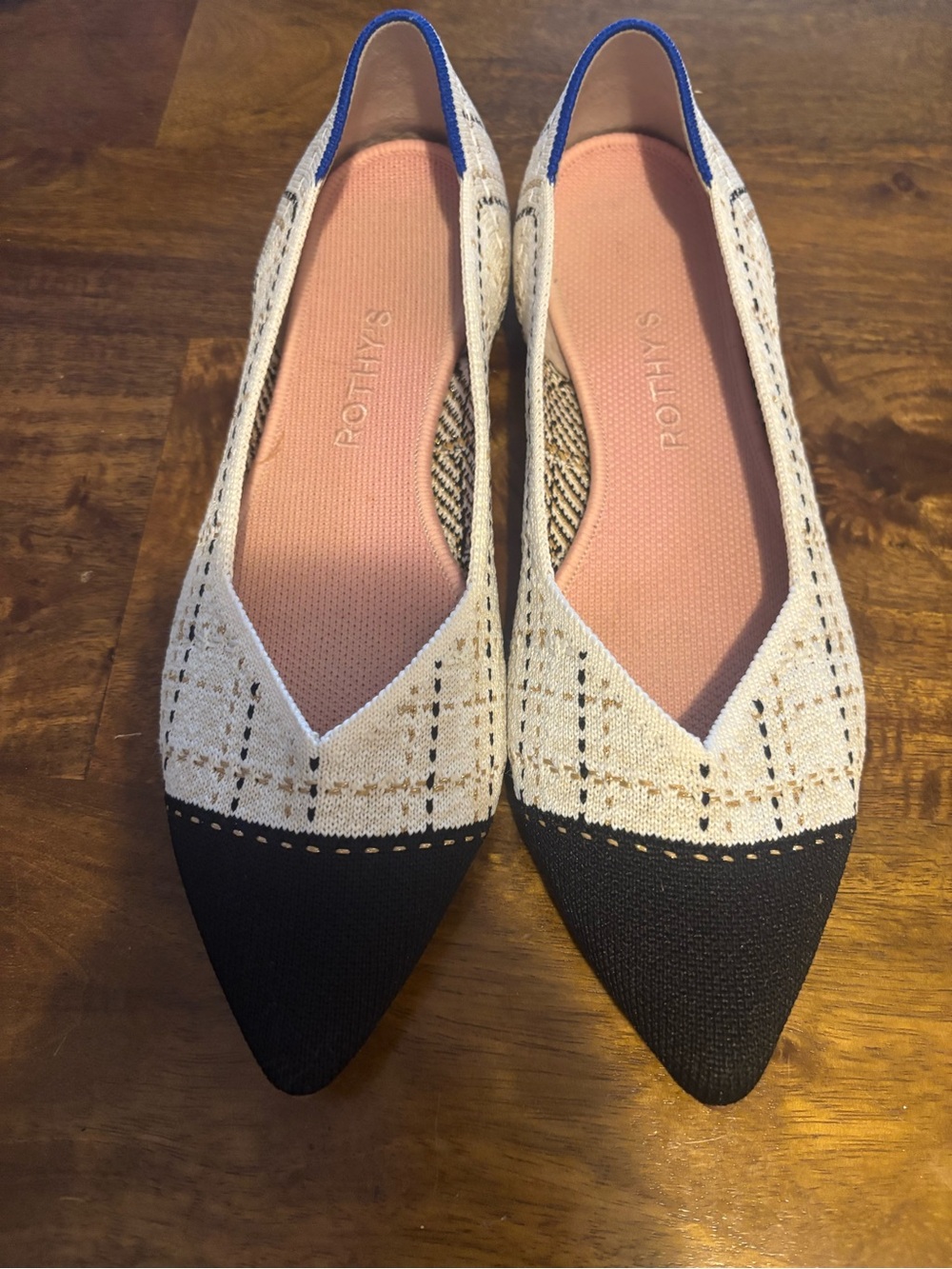 Rothy’s Two-Tone Pointed Toe Flats in Black and Cream